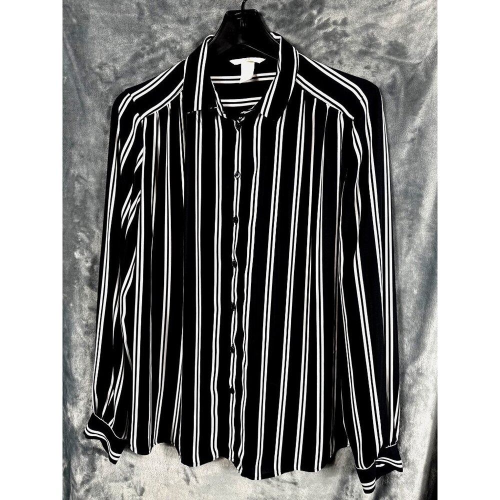 H&M Womens Black & White Striped Long Sleeve Button-Up Blouse Size 10